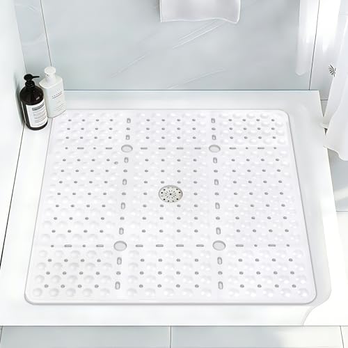 Square Shower Mat Non Slip, 27 x 27 Inch Quick Drain TPE Anti Slip Shower Mats for Inside Shower, Soft Shower Floor Mat with Suction Cups, Quick Drying, Machine Washable - color: White