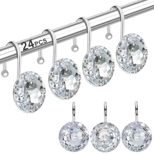 24PCS Shower Curtain Hooks Rings for Bathroom, Round Stainless Steel Rust Proof Crystal Rhinestones Bling Shower Curtain Rings Hangers for Shower Curtains Decorative, Clothing, Towels, etc. (Clear - color: Clear, size: 24pcs