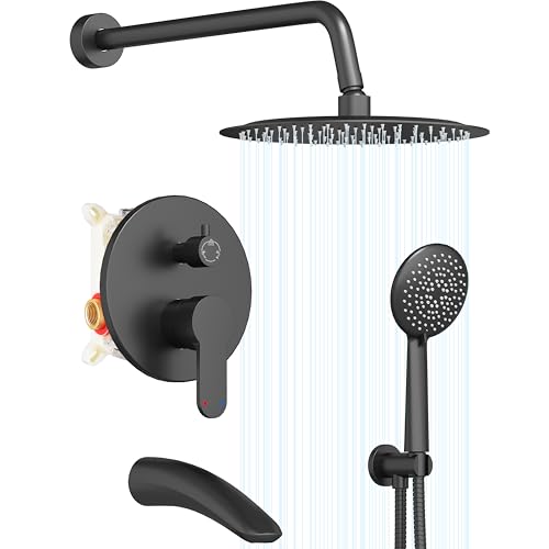 Gabrylly Shower System with Tub Spout, Black Bathtub Shower Faucet Set with 3-Way Pressure Balance Valve Kit, 10" Rain Head with Handheld Spray, Matte Black - color: Matte Black, style: 10 Inches-With Tub Spout
