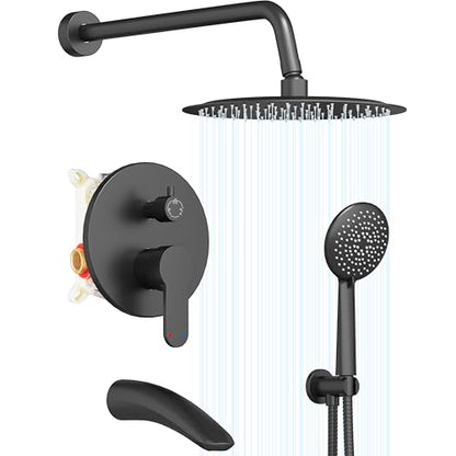 Gabrylly Black Bathtub Shower Faucet Set - 12" Rain Showerhead & Handheld Spray, High Pressure Shower Head with Pressure Balance Valve, Matte Black - color: Matte Black, style: 12 Inches-With Tub Spout
