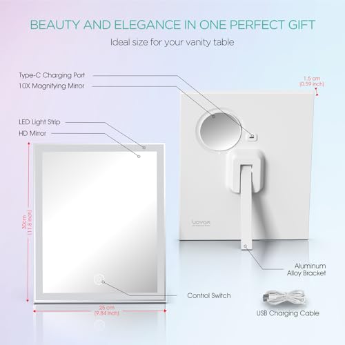 VOYOR Vanity Mirror with Lights, 11.8"x9.8"Rechargeable LED Makeup Mirror | 3 Light Modes, Dimmable, 10X Magnification, Smart Touch Control, Easy to Clean, Lighted Tabletop Mirror, CM300