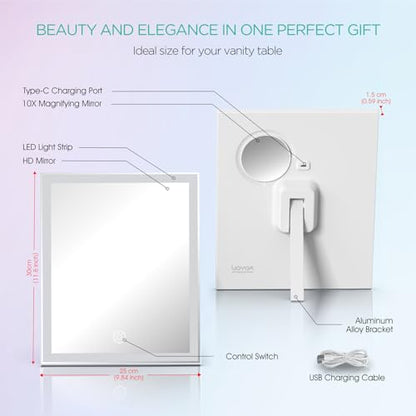 VOYOR Vanity Mirror with Lights, 11.8"x9.8"Rechargeable LED Makeup Mirror | 3 Light Modes, Dimmable, 10X Magnification, Smart Touch Control, Easy to Clean, Lighted Tabletop Mirror, CM300