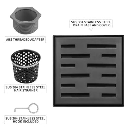 Square Shower Drain 4 inch, Matte Black 304 Stainless Steel Floor Drain for Bathroom, Removable Tile Insert Grate Includes Hair Strainer - color: Matte Black