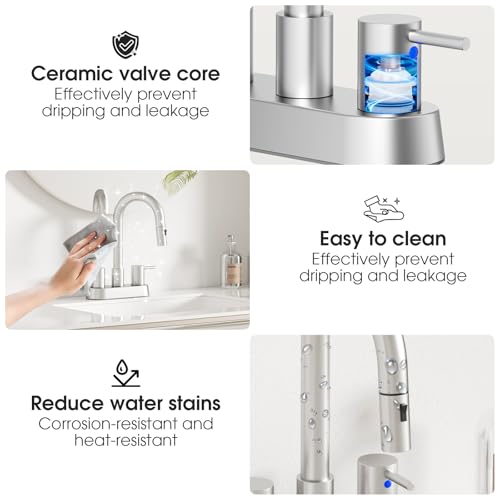 Stainless Steel Brushed Nickel Bathroom Faucet with Pull Out Sprayer, Dual-Function Spout Bathroom Sink Faucets, 4 Inch Two Handle Utility Sink Faucet with Sprayer 3 Hole, Pet Shower, RVs - color: Brushed Nickel