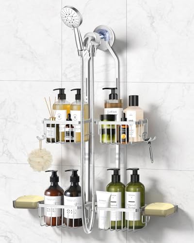 Adjustable Shower Caddy Hanging - Never Rust Shower Organizer Hanging, Aluminum Shower Racks for Inside Shower - Bathroom Organizers and Storage with 2 Soap Holders and 2 Removable Hooks, Silver