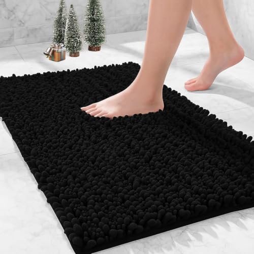 Bathroom Rugs Non Slip Washable, Extra Thick Soft Chenille Absorbent Bath Mat, High Density Barrier Non Slip Backing, Quick Dry Plush Shaggy Floor Carpet for Tub&Shower 24x17, Black - color: Black, size: 24" X 17"(Small Bathroom Rug)