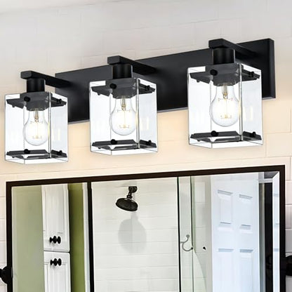 3-Light Black Bathroom Light Fixture Over Mirror, Vanity Wall Lighting with Rectangular Clear Glass, E26 Bulb Base - color: Black, Clear Glass, size: 3-Lights