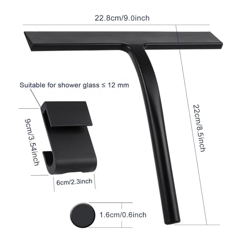 Silicone Shower Squeegee, Black, 9 inch | All-Purpose, For Shower Glass Door, With Hook, Household Cleaner Tool - size: 9 inch(1 hook)