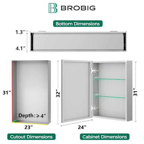 24 x 32 Aluminum Medicine Cabinet Mirror, Moisture & Rust Resistant Bathroom Wall Cabinet with Mirror, Recessed or Surface Mount with Adjustable Shelves, Tempered Glass & Soft Close Hinges - size: 32"L x 24"W