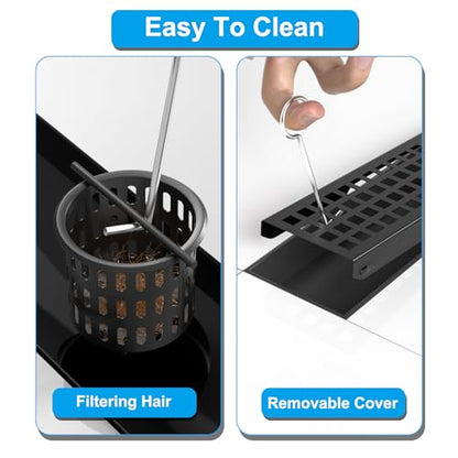 24 Inch Black Linear Shower Drain, Rectangular Shower Floor Drains with Square Hole Cover, 304 Stainless Steel Linear Drain with Leveling Feet, Hair Strainer (Matte Black) - size: 24 Inch