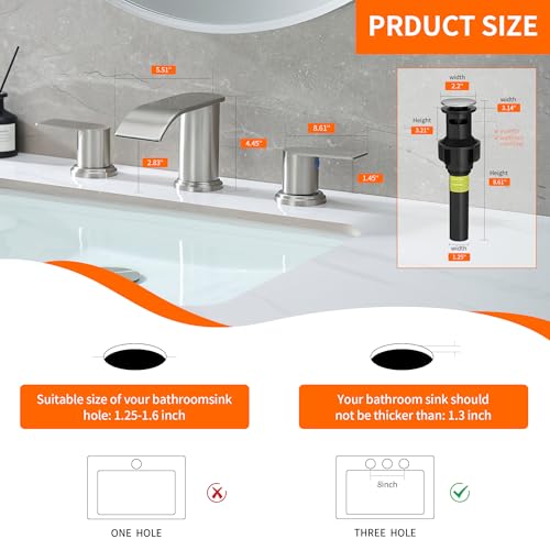 Waterfall Bathroom Faucet 3 Holes, 8 Inch Brushed Nickel Widespread Faucet Bathroom with Pop Up Drain Bathrooms Basin Lavatory Mixer Tap with Deck Mount Plate - color: Brushed Nickel, size: 8 Inch