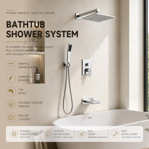 Shower System with Tub Spout, All Metal Bathtub Shower Faucet Set with High Pressure 10 Inch Rain Shower Head and Handheld Shower Head Set, Chrome (Valve Include) - color: Chrome