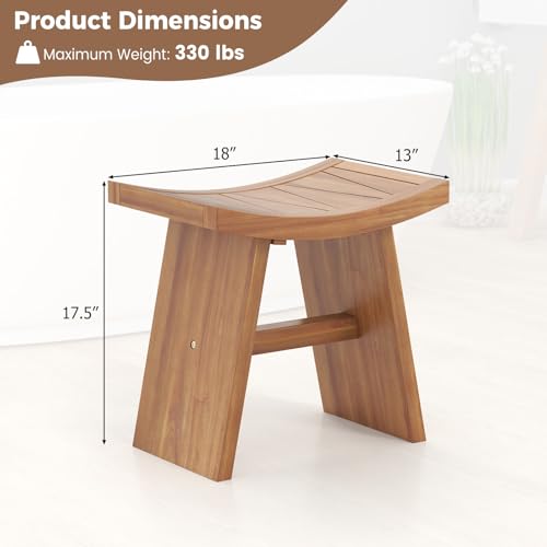 Giantex Teak Wood Shower Bench, Waterproof Shower Stool with Curved Seat for Inside Shower, Spa Bathing Step Foot Rest, Bathroom Stool for Elderly Seniors, Indoor and Outdoor Use, 18" x 13" x 17.5"