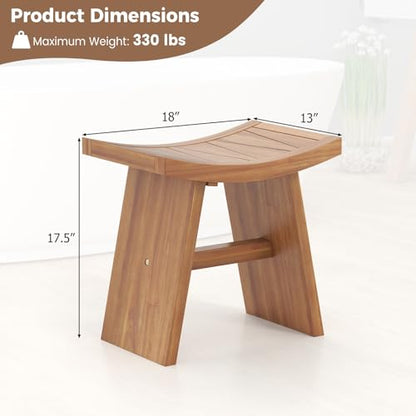 Giantex Teak Wood Shower Bench, Waterproof Shower Stool with Curved Seat for Inside Shower, Spa Bathing Step Foot Rest, Bathroom Stool for Elderly Seniors, Indoor and Outdoor Use, 18" x 13" x 17.5"