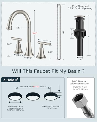 FORIOUS Brushed Nickel Bathroom Faucet 3 Holes, Widespread Bathroom Faucets | 8 Inch Widespread Bathroom Faucet 3 hole Vanity and 4 Inch Bathroom Faucet Centerset 2 Hole for B2B Commercial, Spare Aerator - color: Stainless Steel, style: Modern
