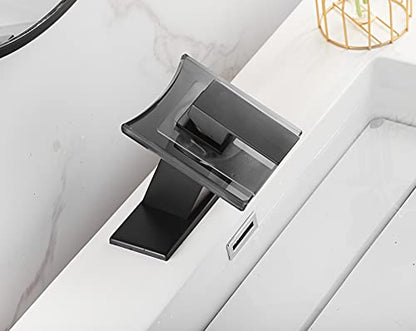 Black Bathroom Faucet Led Light 3 Color Changing Waterfall Glass Spout | Battery Power Lavatory Vanity Sink Faucet Single Handle One Hole Deck Mount Modern Designer Basin Tap - color: Black, style: with Led light