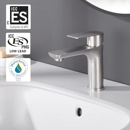 SUMERAIN Brushed Nickel Bathroom Sink Faucet Washbasin Faucet 304 Stainless Steel Single Hole Single Lever Handle | Unique Flow Pattern, Water-saving, Lead-Free, with Faucet Supply Lines, Easy DIY Install - color: Brushed Nickel