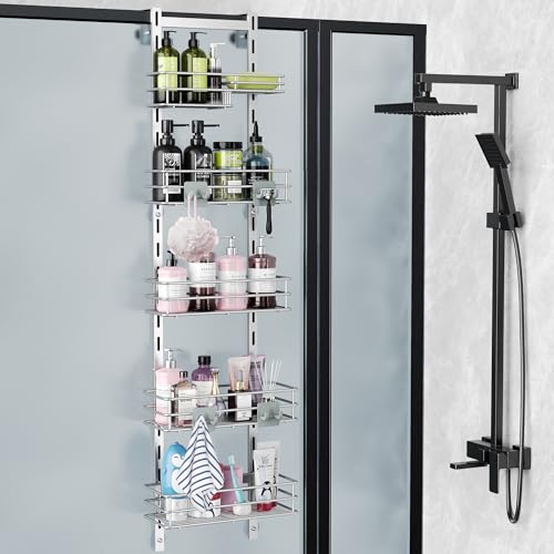 Orimade Over the Door Shower Caddy Adjustable 5 Tier Silver Grey,Bathroom Hanging Organizer Shelf Rustproof with 4 Hooks,Shower Basket with Soap Holder and Suction Cup - color: Silver Grey-5T