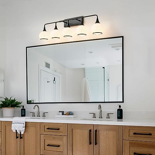 Black Bathroom Light Fixtures 5-Lights Vanity Lights with Milky White Frosted Glass Shade Bathroom Vanity Light 39.2 inch Wall Sconce Lighting Bath(Exclude E26 Bulb) - color: Black, size: 5 Light