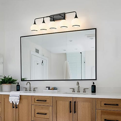 Black Bathroom Light Fixtures 5-Lights Vanity Lights with Milky White Frosted Glass Shade Bathroom Vanity Light 39.2 inch Wall Sconce Lighting Bath(Exclude E26 Bulb) - color: Black, size: 5 Light