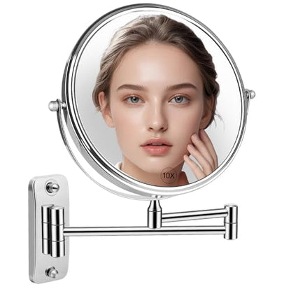 8'' Makeup Mirror Wall Mounted, Wall Mounted Makeup Mirror with 1X/10X Magnifying Mirror 360° Swivel Extendable Adjustable Arm Extendable Mirrors for Bathroom, Chrome (No Light)