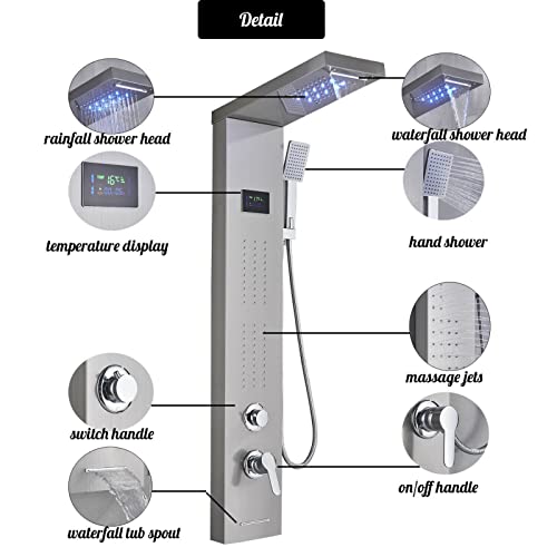 LED Light Shower Panel Tower Rainfall Waterfall Shower Head with Massager Jets Body System Jet Black B (Color : Brushed Nickel B) - color: Brushed Nickel B