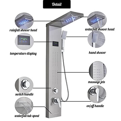 LED Light Shower Panel Tower Rainfall Waterfall Shower Head with Massager Jets Body System Jet Black B (Color : Brushed Nickel B) - color: Brushed Nickel B