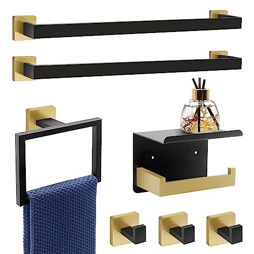 Dorudon Atrox 7-Piece Bathroom Set - Black & Gold Accessories Set - Square Towel Bar 2x23'', Hand Towel Rack, Toilet Paper Holder, 3x Towel Hook, Bathroom Hardware - color: Black and Gold, size: 23 IN