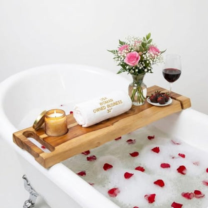 EcoDecors Eleganto 30" Live Edge Solid Teak Bath Caddy Tray with Handle, Book & Tablet Holder, Wine Glass Holders, Luxury Bathtub Tray - style: 30" Live Edge