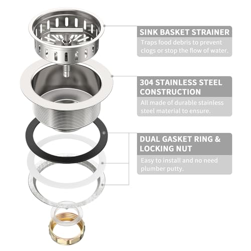 KONE 3-1/2 Inch Kitchen Sink Drain Strainer Assembly Made by All Stainless Steel with Strainer Basket/Drain Stopper, Replacement for Standard Commercial Drains - color: Polish