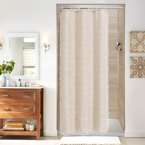 Boho Farmhouse Classic Plaid Linen Tassel Shower Curtain Grey,36x72 | Small Stall Half Size,310GSM Linen Blend Heavy Duty Cloth,3-side Tassels,Wrinkle Resistant,Chic Farmhouse Country,12 Hooks - color: Tan Brown, size: 36"W x 72"L (Pack of 1)