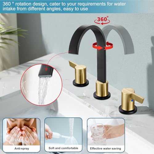 Midanya 8 Inch Widespread Bathroom Sink Faucet 3 Hole,Black and Gold Handle | Waterfall Swivel Spout,2 Handle,SUS304,with Pop Up Drain,cUPC 24" Water Hose,for 6-16” hole distance vanity,RV,Farmhouse Sink - color: Black/Gold Handle