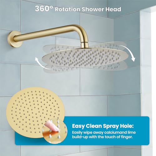 gotonovo High Pressure Shower System Valve and Trim Kit,Brushed Gold | Round Rain 10 Inch Shower Head with Handheld Faucet Set Complete,Rough In Valve,2-in-1 Diverter,All Metal,Bathroom Wall Mount - color: Gold
