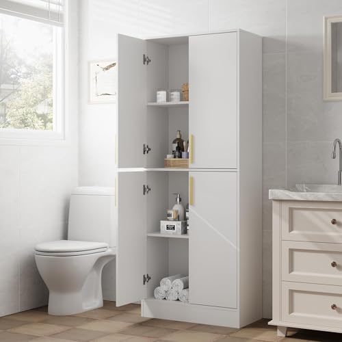 Housoul 71" Tall Pantry Cabinet with 4 Doors, Kitchen Pantry Storage Cabinet, Freestanding Larder Cupboard, Kitchen Hutch with Gold Handles for Dining Room, Bathroom, White - color: White