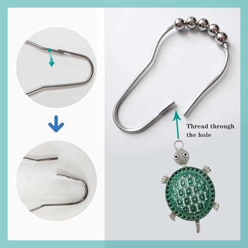 Teal Sea Turtles Shower Curtain Hooks Stainless Steel Decorative Shower Curtain Rings for Ocean Beach Bath Rust-Resistant Shower Hooks for Shower Curtain or Liner Pack of 12 (Teal Turtle) - size: Teal turtle