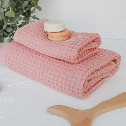 Waffle Bath Sheet Set, 100% Turkish Cotton, Includes 1 Bath Sheet, 1 Hand Towel, 2 Face Towels - color: Powder Pink, size: Bath Sheet Set (4 Pieces)