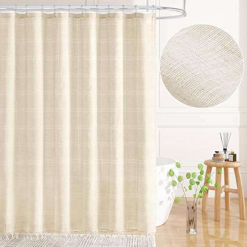 Small Stall Linen Farmhouse Shower Curtain with Tassel, Modern Boho French Country Chic Bathroom Shower Curtain Set with PEVA Liner, Cotton Hollow Fabric Shower Curtain 36x72 - Beige/Cream - color: Beige, size: 36"W x 72"L (Pack of 1)