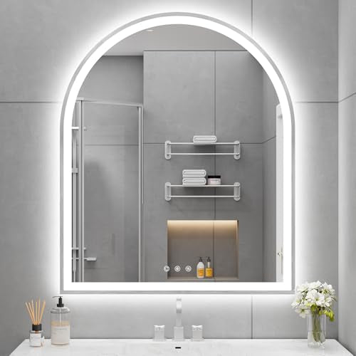 30"x36" Arched LED Lighted Bathroom Mirror with Lights | Silver Aluminum Frame, Fogless, Dimmable, Shatterproof, Touch Sensor, 3 Color Changing - color: Silver, size: 36"L x 30"W
