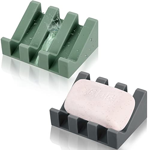 2 Pieces Silicone Soap Dish Self Draining Soap Dish Shower Waterfall Bar Soap Holder Tray with Drain Soap Saver for Kitchen Bathroom Accessories (Dark Grey,Light Green) - color: Dark Grey, Light Green