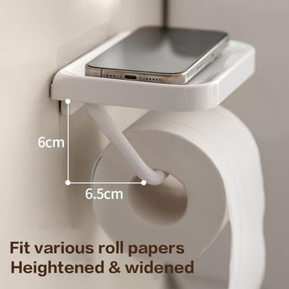 Self Adhesive Toilet Paper Holder with Shelf, No Drill Wall Mounted Bathroom Tissue Holder, Sticky TP Roll Holder with Phone Shelf for RV, White