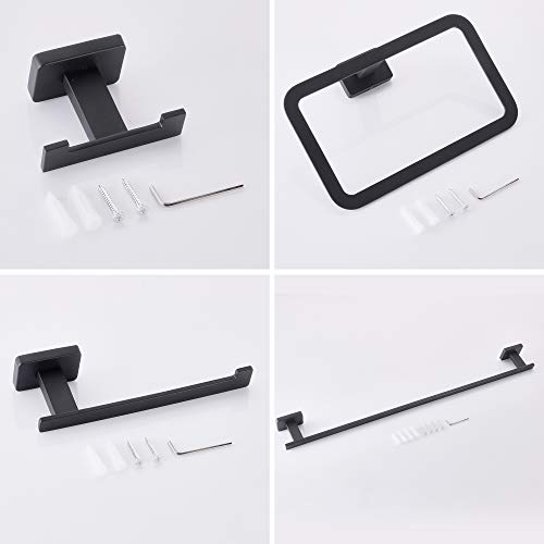 4 Piece Bathroom Hardware Accessories Set,Matt Black Stainless Steel Towel Bar Sets Wall Mounted - Includes 16" Towel Bar, Square Towel Ring, Toilet Paper Holder, Robe Towel Hook - color: Black, size: 16 inches