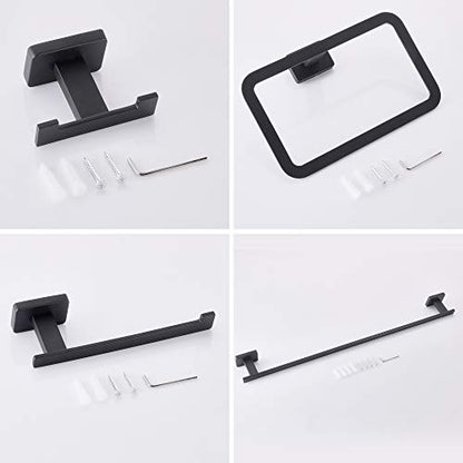 4 Piece Bathroom Hardware Accessories Set,Matt Black Stainless Steel Towel Bar Sets Wall Mounted - Includes 16" Towel Bar, Square Towel Ring, Toilet Paper Holder, Robe Towel Hook - color: Black, size: 16 inches