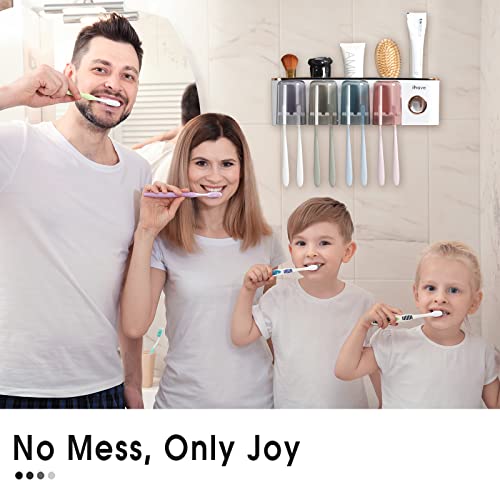 iHave Toothbrush Holders for Bathrooms Wall Mounted with Dispenser & 4 Cups | 12 Slots Wall Mount Toothbrush Holders for Bathrooms with Squeeze Toothpaste Dispenser, 4 Cups & 4 Compartments Organizer - color: White 4 Cups
