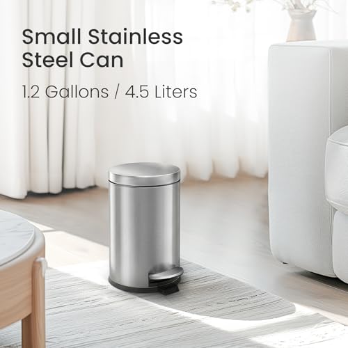 Cesun Small Round Bathroom Trash Can with Lid Soft Close, 1.2 Gal, Silver | Removable Inner Bucket, Stainless Steel Garbage Can for Bedroom/Office, Hands-Free Step Pedal, Fingerprint-Resistant - color: Silver