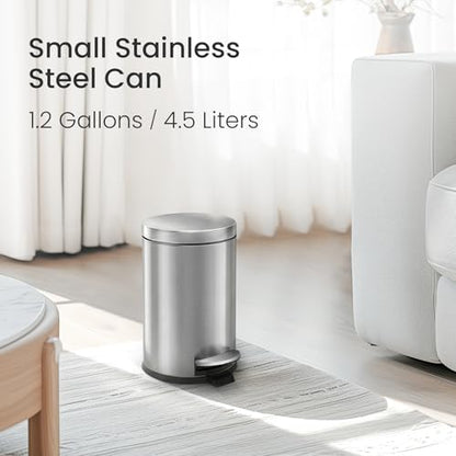 Cesun Small Round Bathroom Trash Can with Lid Soft Close, 1.2 Gal, Silver | Removable Inner Bucket, Stainless Steel Garbage Can for Bedroom/Office, Hands-Free Step Pedal, Fingerprint-Resistant - color: Silver