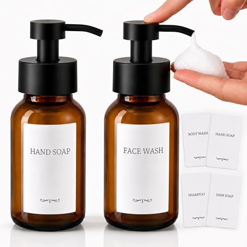 Amber Glass Foaming Soap Dispenser, 2 Pack, 8.5 Oz, Refillable | Foaming Hand Soap Dispenser; Pump Bottles, Non-Slip Bottom, 6 Moisture-Resistant Labels; for Bathroom & Kitchen Counter Decor