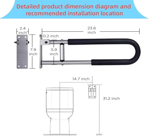 23.7 Inch Flip Up Toilet Handrail,Wall Mount Non-Slip Aluminum Alloy Support Armrest for Home,Hospital,Nursing Home & People with Limited Mobility,300Lbs Load Capacity - color: Silver