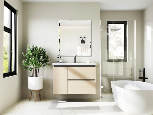 Frameless Bathroom Mirror, 32"x36" Beveled Bathroom Vanity Mirror | Wall Mount Mirrors for Bedroom Entryway Living Room Hangs Horizontally or Vertically - size: 36"L x 32"W
