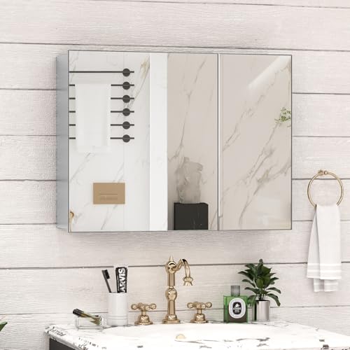 32 x 24 Farmhouse Medicine Cabinet, Tempered Frameless Bathroom Mirror with Storage, Silver Recessed or Surface Mount Aluminum Medicine Cabinet for Bathroom Modern - color: Sliver, size: 32 x 24 IN