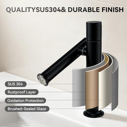 360° Rotatable Bathroom Sink Faucet, Bathroom Faucets 1 Hole 2 Water Outlet Modes, Single Handle Bathroom Faucets with Hot and Cold Hoses - color: Black